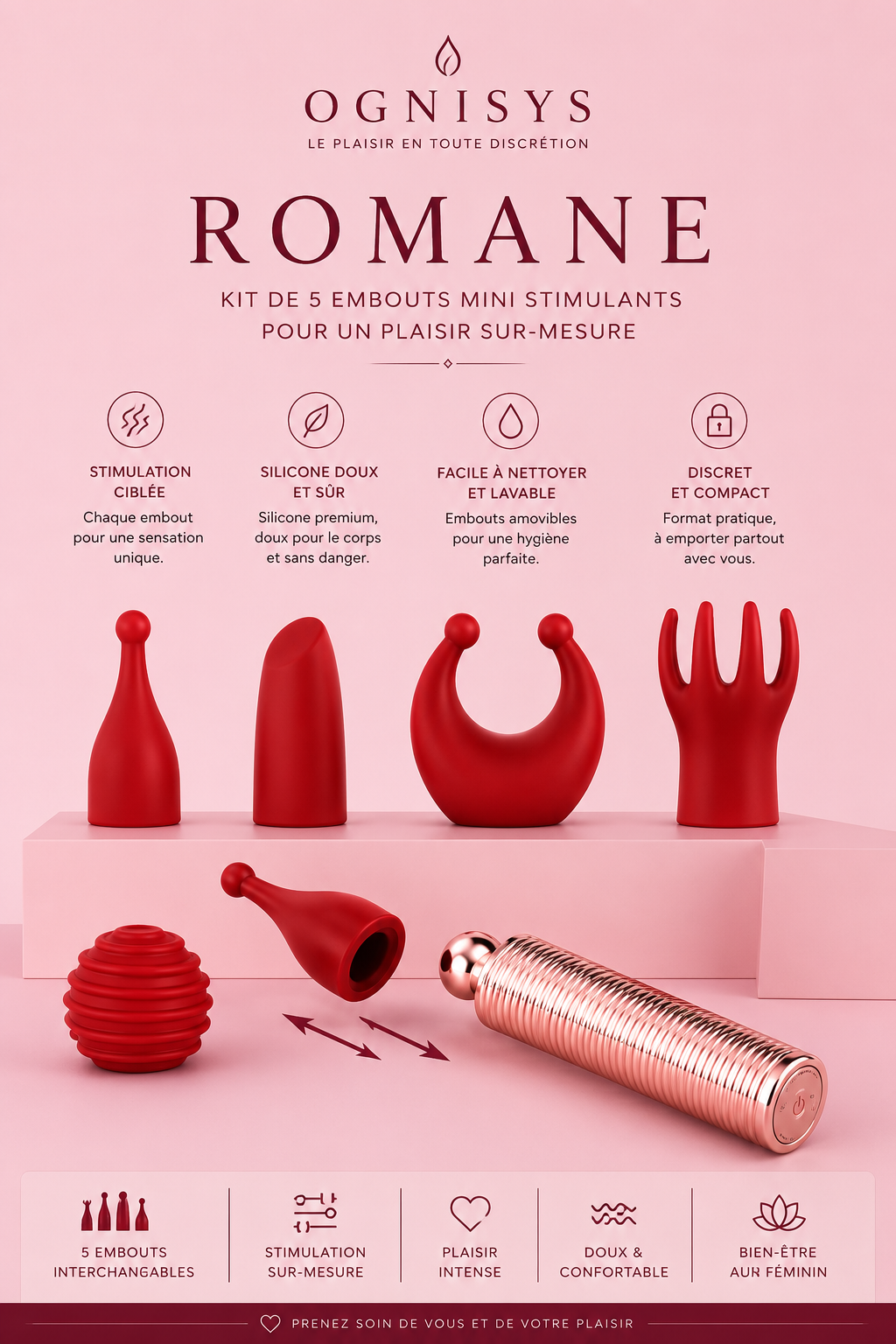 Roman | Mini Stimulateur Massant Intime 5 Embouts – Polyvalent & Discret