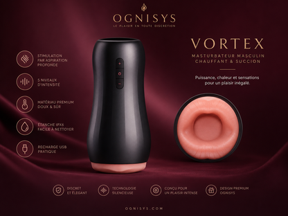 🔥 Vortex | Masturbateur Vibrant, Chauffant & à Succion – 6 Modes de Vibration